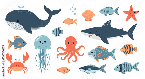 A delightful collection of cute cartoon sea creatures and marine animals, including whales, sharks, fish, octopus, and crabs, isolated on white.