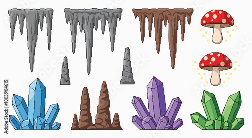 Pixel art game assets set featuring cave elements crystals mushrooms retro vector illustration flat design sprites underground fantasy