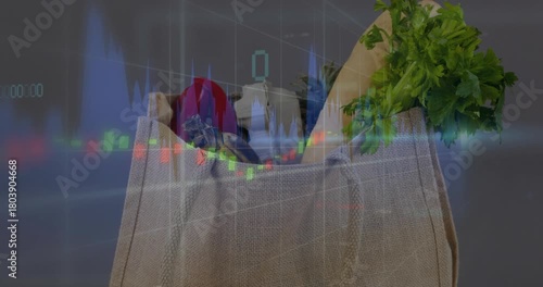 Jute grocery bag staying static while translucent chart shifting after data pulse, showing prices