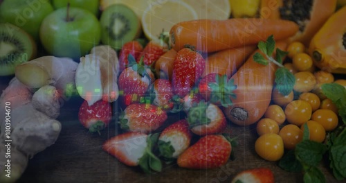 Projected color overlay starting left moving across produce growing then fading highlighting fruits