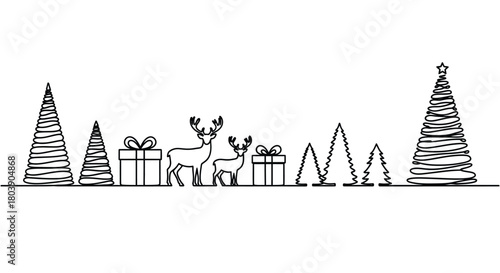 Elegant holiday greeting card design with reindeer and Christmas trees