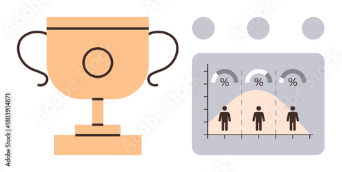 Trophy beside performance chart showing population distribution with percentages, highlighting success, achievement, and data analysis. Ideal for recognition, competition, metrics, goals, evaluation