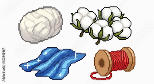 Textile materials cotton yarn fabric thread pixel art style crafts sewing knitting vector illustration flat design production industry