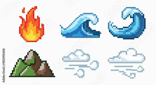 Pixel art natural elements icon set vector illustration fire wave mountain wind cloud retro game graphic design digital simple flat design