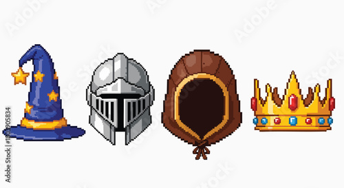 Pixel art fantasy role playing game headwear items vector illustration flat design pixelated retro videogame assets