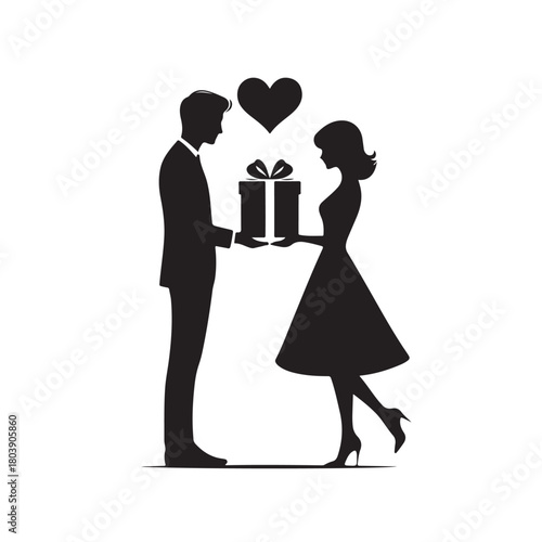 Couple exchanging a gift silhouette