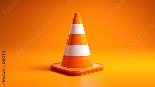 Bright, striped safety cone centered on a matching solid orange background, softly lit