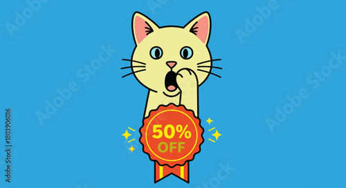 Adorable cartoon cat shocked by a huge 50 percent off discount sale