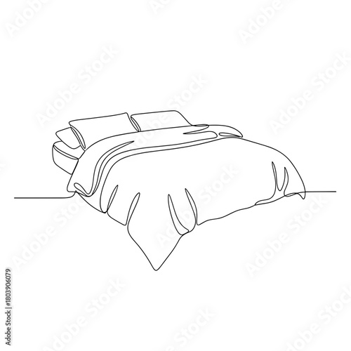 Double bed with pillows and blanket in minimalist line art style
