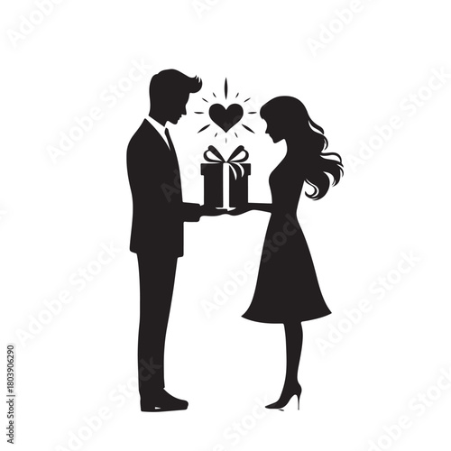 Couple exchanging a gift silhouette