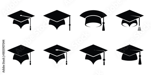 Black Graduation Cap Collection – Academic Hat Icons In Simple Minimal Vector Style, Education Ceremony Elements, Student Achievement Symbols For School, College, And University Illustration Use