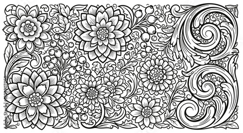 Elegant floral pattern with swirling vines and berries in monochrome