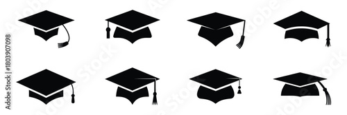 Black Graduation Cap Collection – Academic Hat Icons In Simple Minimal Vector Style, Education Ceremony Elements, Student Achievement Symbols For School, College, And University Illustration Use