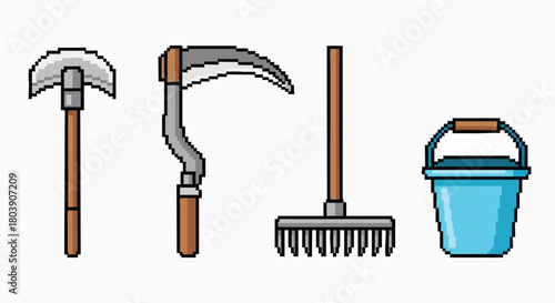 Classic pixel art farm gardening tools collection set vector illustration flat design retro vintage gaming arcade graphic icon object equipment agricultural farmwork horticulture