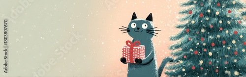 Illustration of a cat against a Christmas tree.