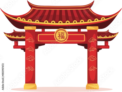 Ornate Chinese Gate with Red and Gold Accents and Symbolic Calligraphy.