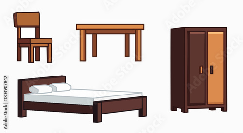 Pixel art furniture collection vector illustration set home bedroom livingroom interior objects simple graphic flat design digital retro game asset