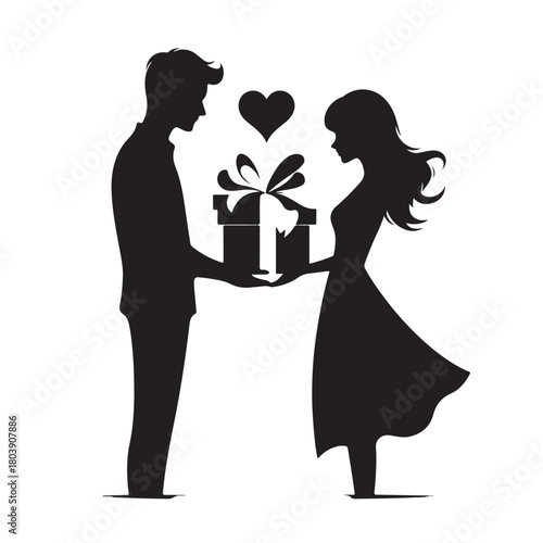 Couple exchanging a gift silhouette
