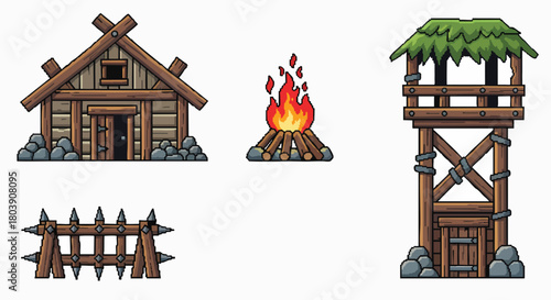 Detailed pixel art style medieval fantasy game assets collection vector illustration flat design gaming rpg building tower fire spike 2d