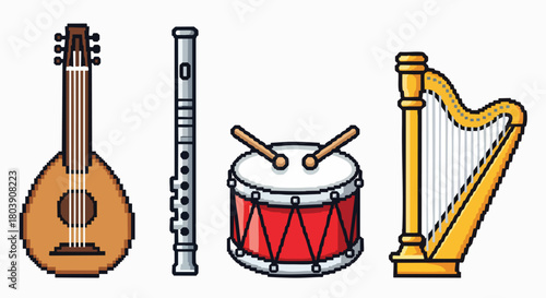 Colorful retro pixel art musical instruments set collection flat design vector illustration 8bit game assets music symbols