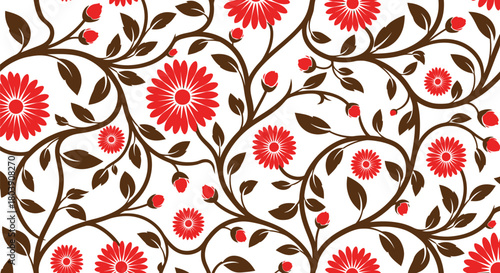 Vibrant red floral pattern with elegant brown vines for stylish designs