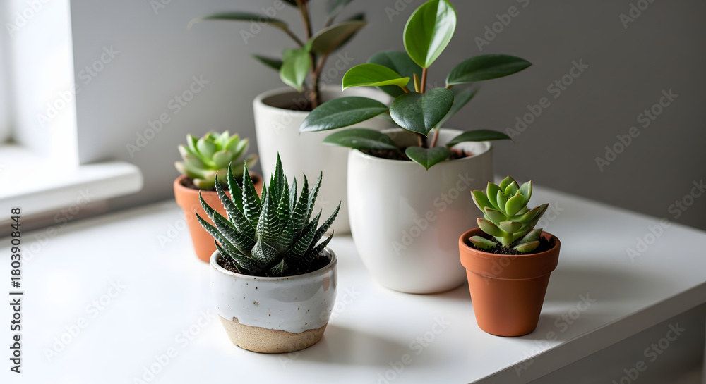 Fototapeta premium Stylish Potted Houseplants Collection on White Table Background