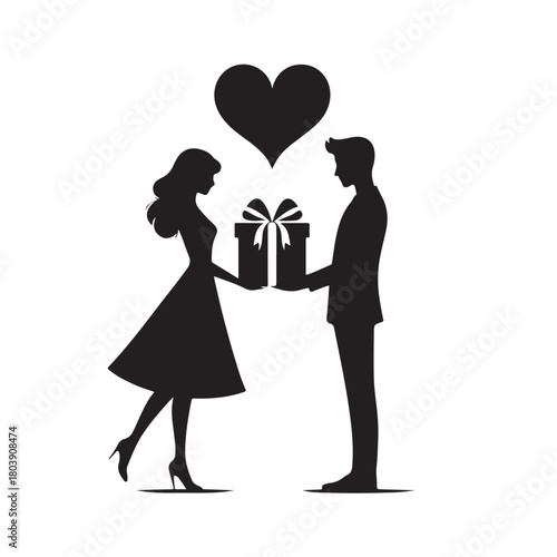 Couple exchanging a gift silhouette