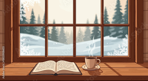Cozy Winter Scene with Book and Coffee by the Window