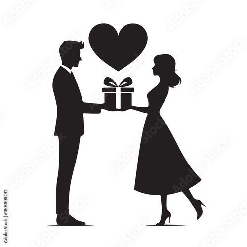 Couple exchanging a gift silhouette