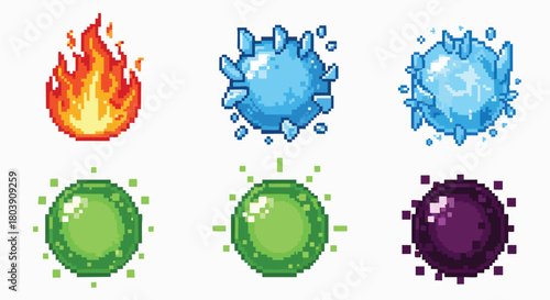 Pixel art game elements magic fire ice power ups vector illustration flat design sprite game asset 8bit retro gaming