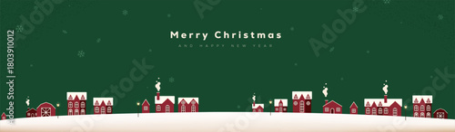Christmas winter village landscape greeting banner with peaceful houses snowfall horizon and wide copy space for holiday message poster header card template and seasonal celebration design