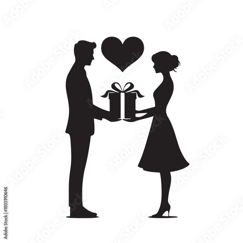 Couple exchanging a gift silhouette
