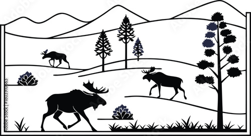 Majestic moose roam freely in a stunning mountain landscape, evoking a feeling of peaceful wilderness in this dynamic vector scene