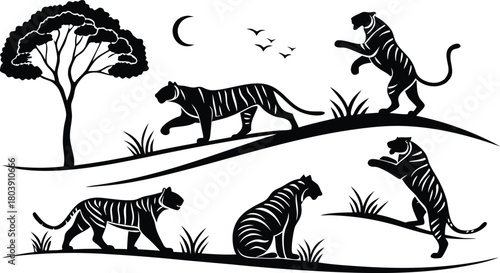 Stunning vector art of tigers in their natural habitat, evoking a sense of wild beauty and adventure in the animal kingdom, perfect for branding