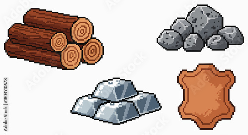 Game assets pixel art style logs rocks ingots leather vector illustration flat design retro gaming resource craft item