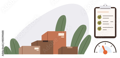 Cardboard boxes stacked near plants, checklist with completed tasks, and speedometer highlighting speed. Ideal for logistics, shipping, productivity, planning, efficiency, delivery organization