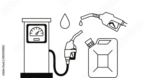 Illustration of a gas pump, nozzle, jerrycan, and fuel drop, symbolizing energy and refueling.