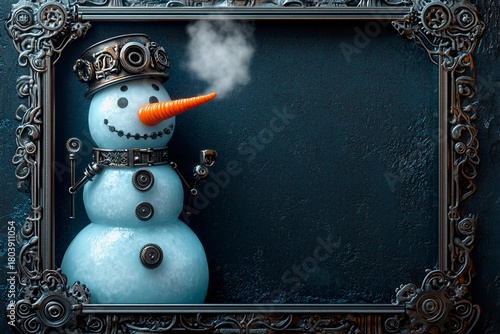 Steampunk inspired snowman made of ice gears smokes from a gear-themed frame during winter festivities