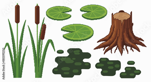 Retro pixel art swamp pond environment elements collection cattails lilypads treestump moss vector illustration flat design nature aquatic wetland gameasset 8bit 16bit vintage