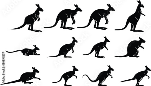 Dynamic kangaroo silhouettes showcasing movement and grace, ideal for wildlife conservation projects or educational materials, a strong vector heritage