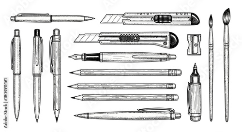 Hand-Drawn Office & Art Supplies - Rustic Sketch Collection