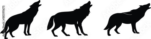 Three powerful wolf silhouettes howling, perfect for nature designs, wildlife illustrations, or striking logo elements with a touch of wilderness charm
