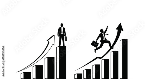 Silhouette of businessmen climbing bar graph symbolizing career growth and success.