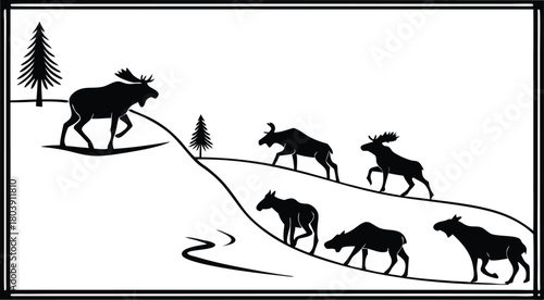 Majestic moose family silhouettes wander across rolling hills, a stunning wildlife scene perfect for nature lovers and outdoor adventure brands