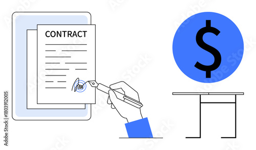 Hand completing a signature on a contract paper, dollar sign symbolizing money, desk for workplace setting. Ideal for business, agreement, finance, legal, paperwork investment partnership. Simple