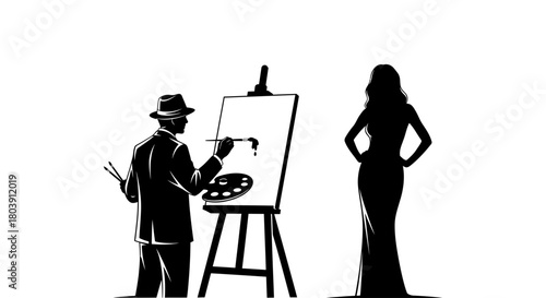Painter capturing elegant model's silhouette with artistic expression