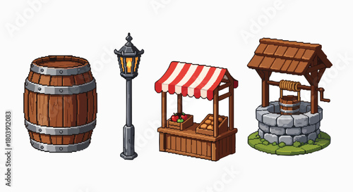 Charming village street pixel art elements collection barrel lamp market stall well vector illustration game assets flat design