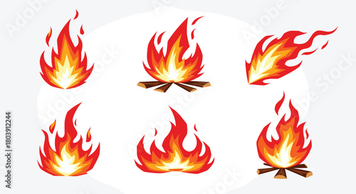 Set of stylized campfire and bonfire illustrations in vibrant warm colors representing energy heat and light for design purposes