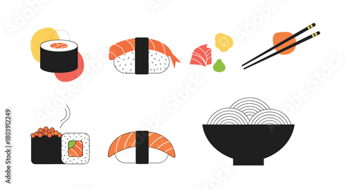 A Vibrant Collection of Delicious Japanese Sushi and Food Illustrations Featuring Various Dishes and Accompaniments