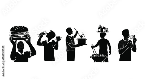 People enjoying delicious food and drinks in silhouette illustrations